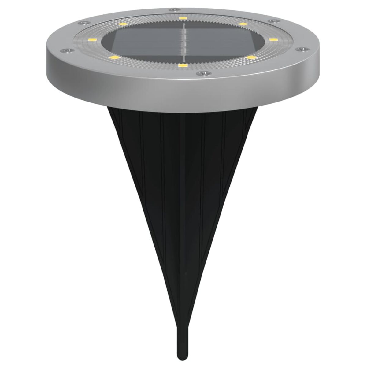 Solar-Gartenleuchte. Silberner Kopf, schwarzer Stachel. Lichter sind vorhanden.