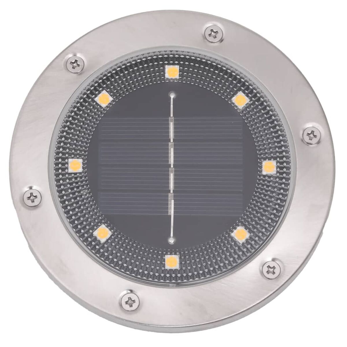 Nahaufnahme eines solarbetriebenen Bodenlichts. Es hat ein kreisförmiges Design mit mehreren LED-Leuchten.