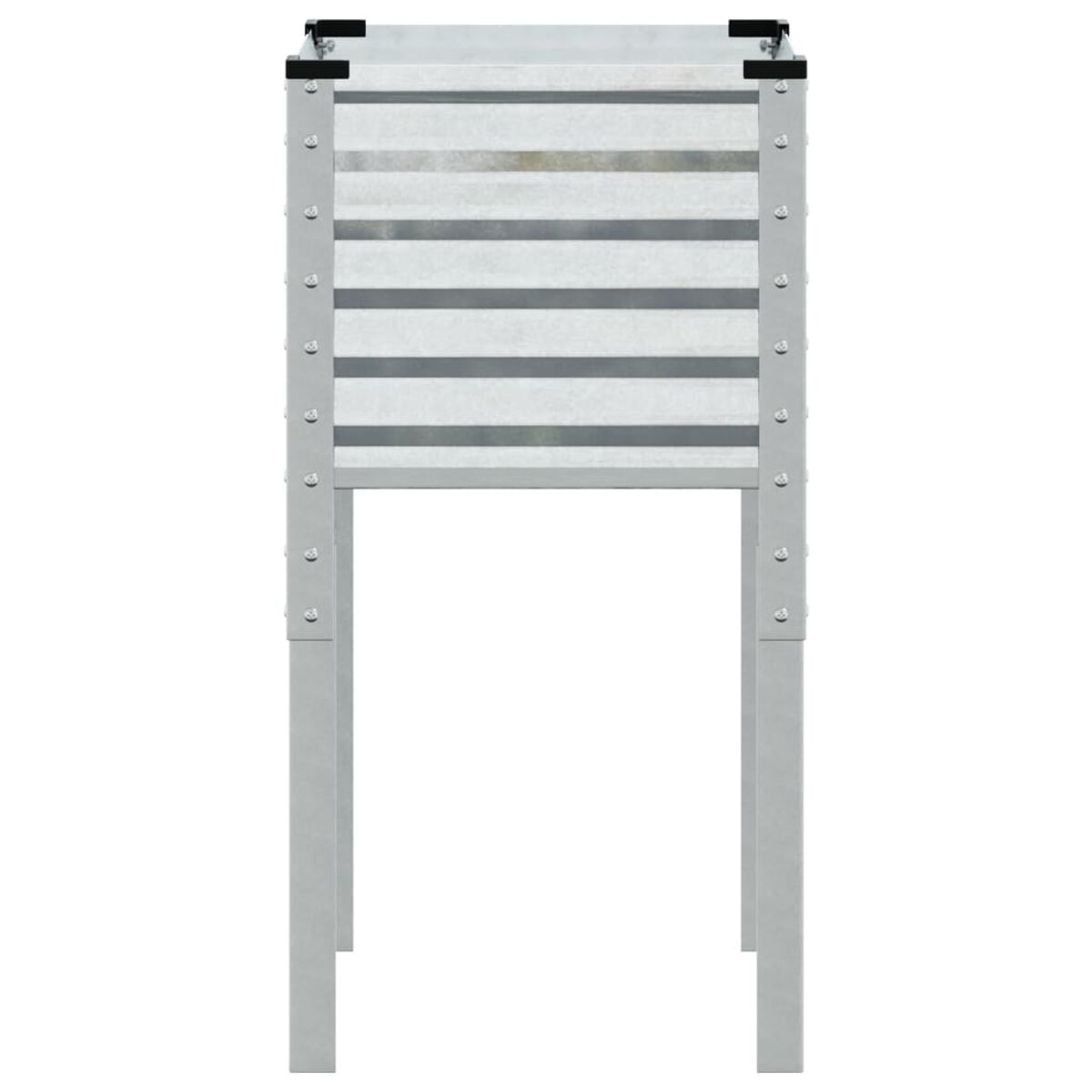 Una fioriera in metallo grigio con quattro gambe in metallo. La fioriera ha un design ondulato.