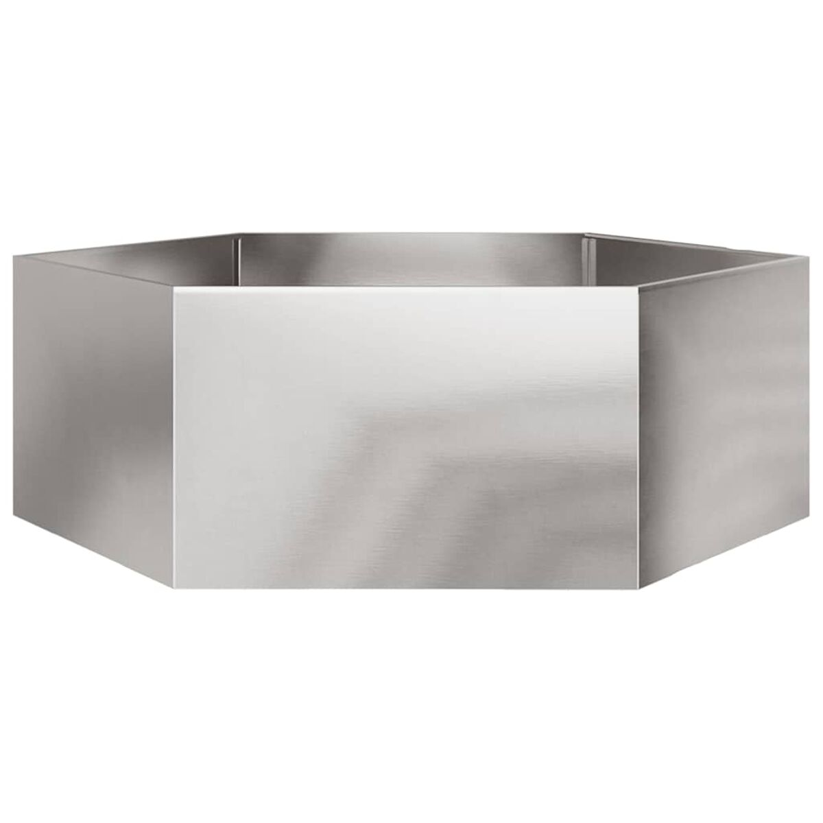 Sechseckiger Metall-Pflanzkübel mit gebürsteter, silberner Oberfläche.