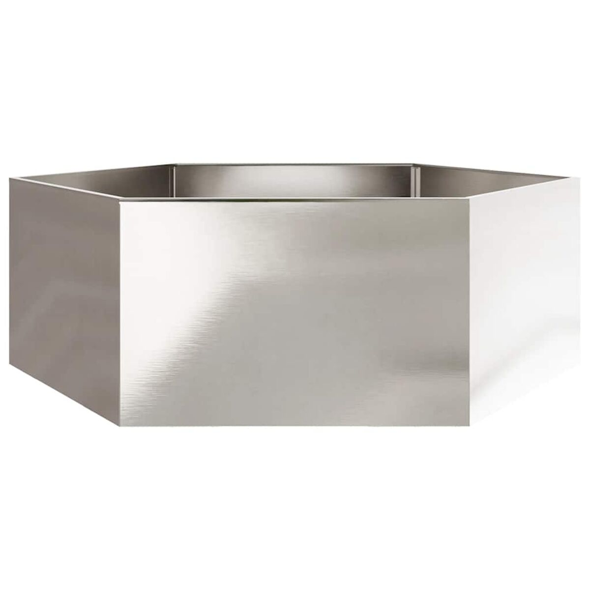 Sechseckiger Pflanzkübel aus Edelstahl. Glänzende Metalloberfläche, mit einfachem, geometrischem Design.