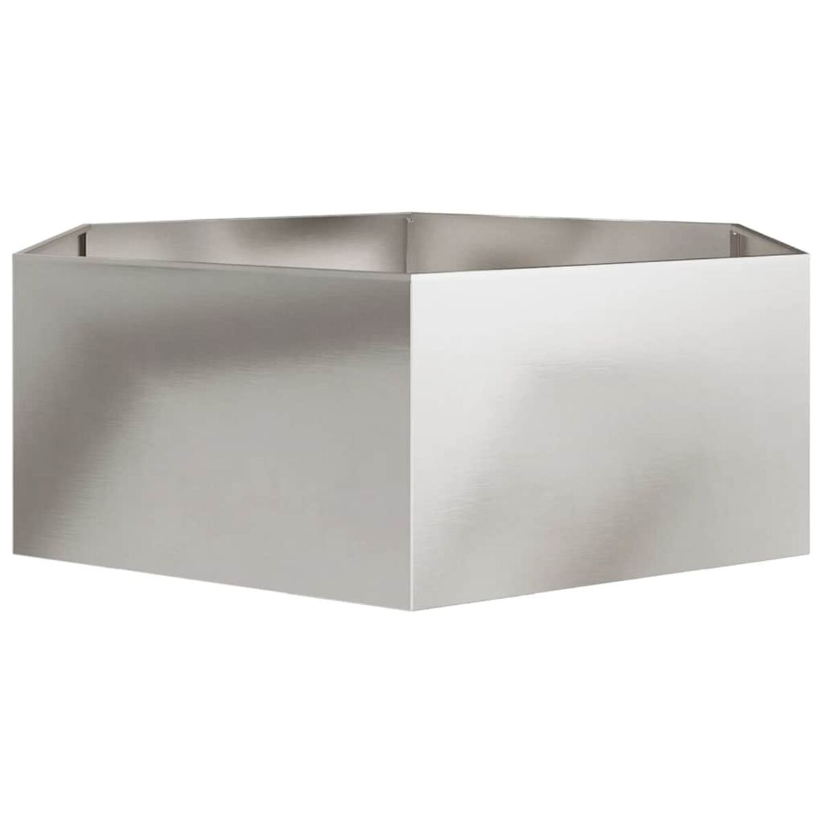 Ein silberner Metall-Pflanzkasten mit schrägen Seiten. Die Box ist leer.