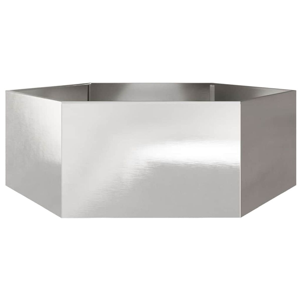 Eine silberne, sechseckige Pflanzkasten. Es hat sechs Seiten und ein glänzendes Metallfinish.