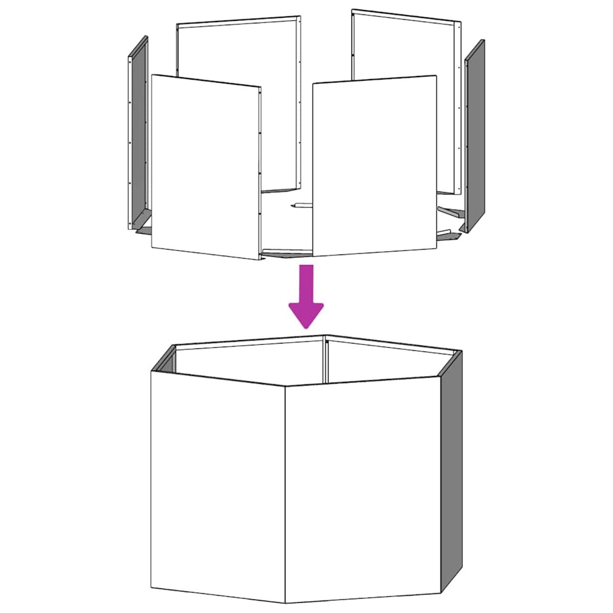 Diagramm zeigt die Montage eines sechseckigen Pflanzkastens, die Teile sind oben getrennt.