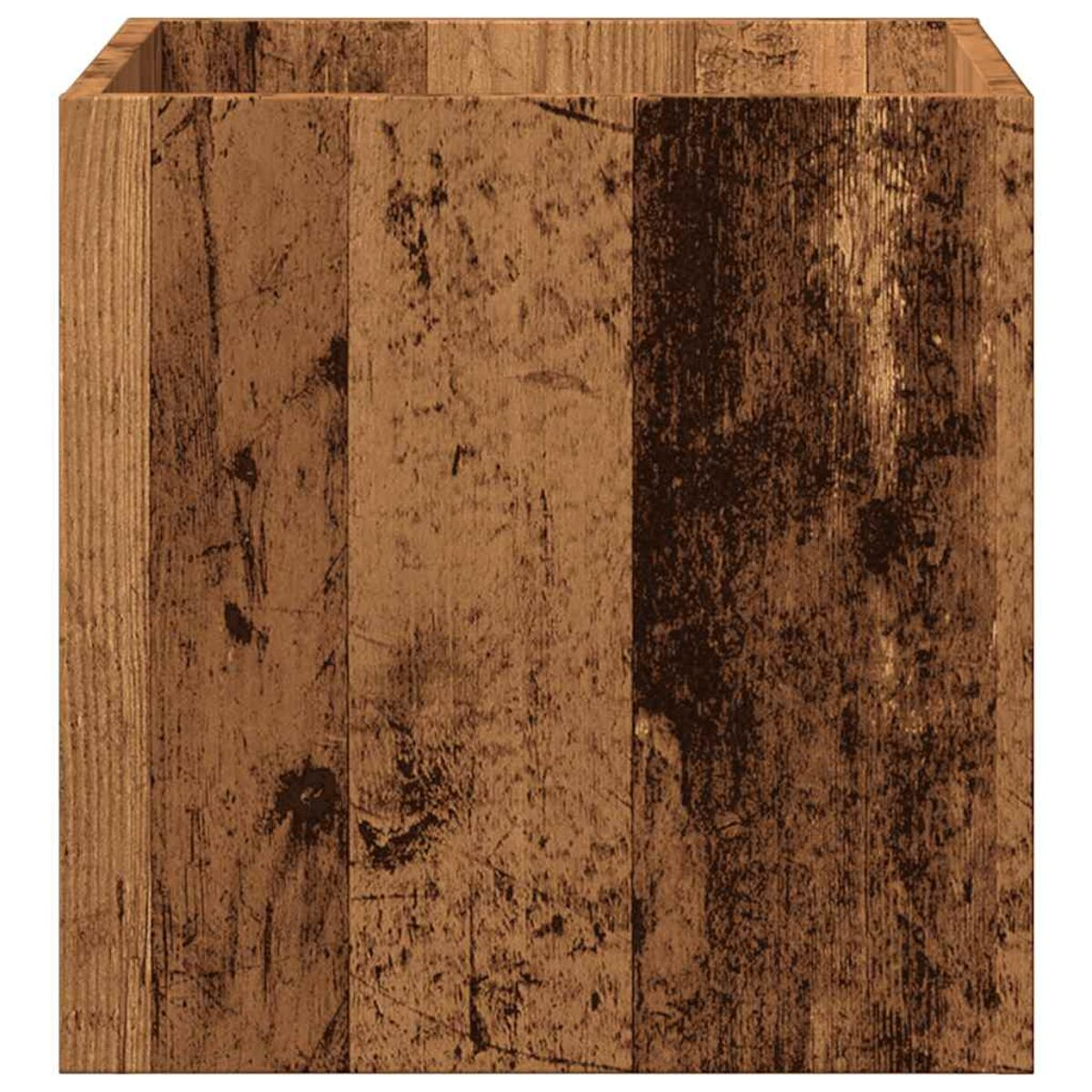 Primo piano di una fioriera in legno con una superficie strutturata marrone scuro.