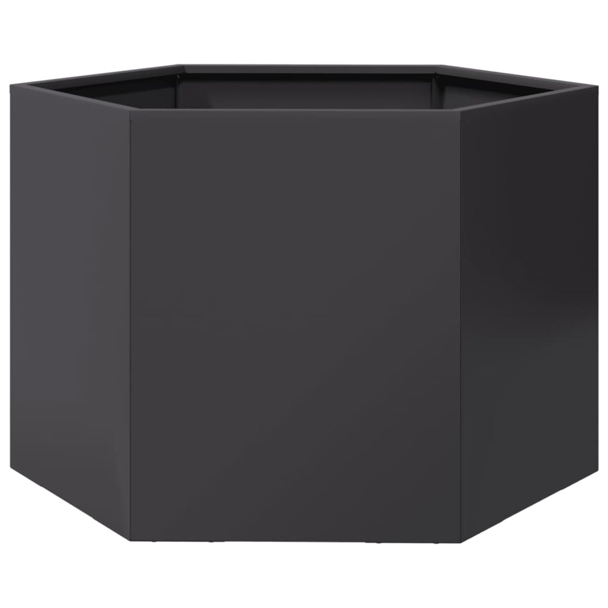 Schwarzer, sechseckiger Pflanzkübel. Glänzende, glatte Oberfläche, mit schlichtem, modernem Design.