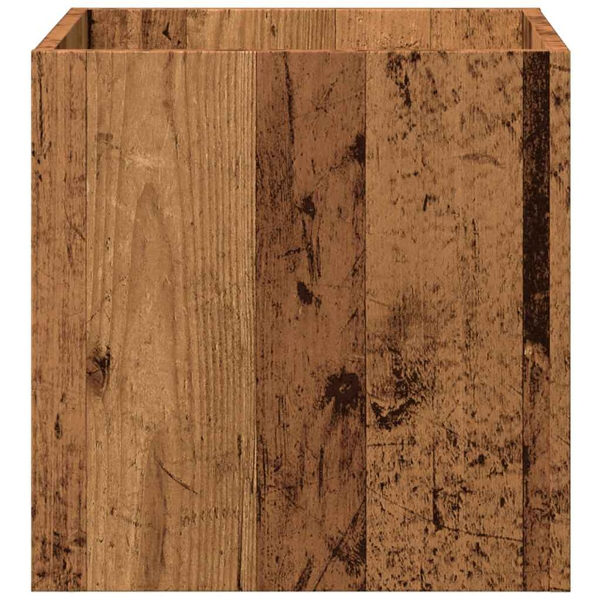 Primo piano di una fioriera in legno. Il legno ha un aspetto invecchiato e una venatura naturale.