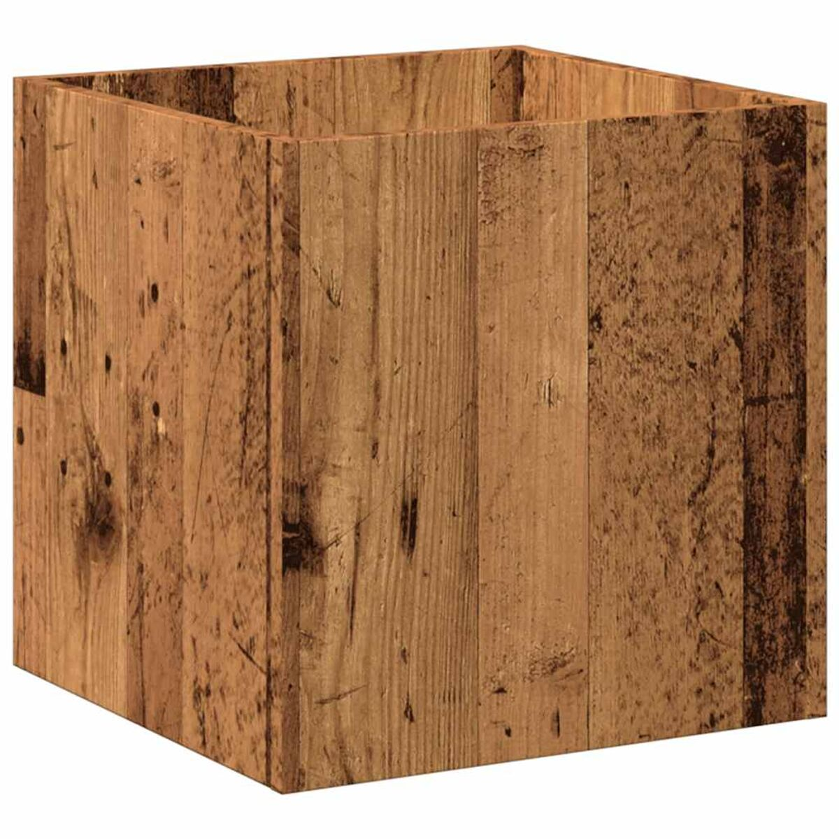 Una fioriera quadrata in legno con doghe verticali, che mostra la venatura e la consistenza naturale del legno.