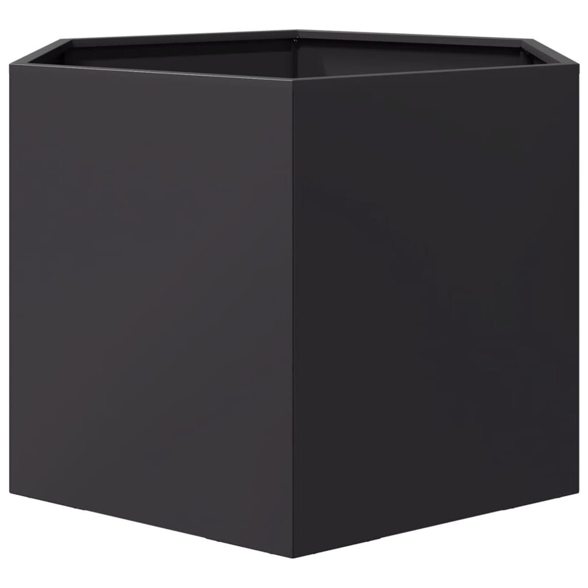 Eine schwarze, sechseckige Pflanzkasten mit schlichter Außenseite.
