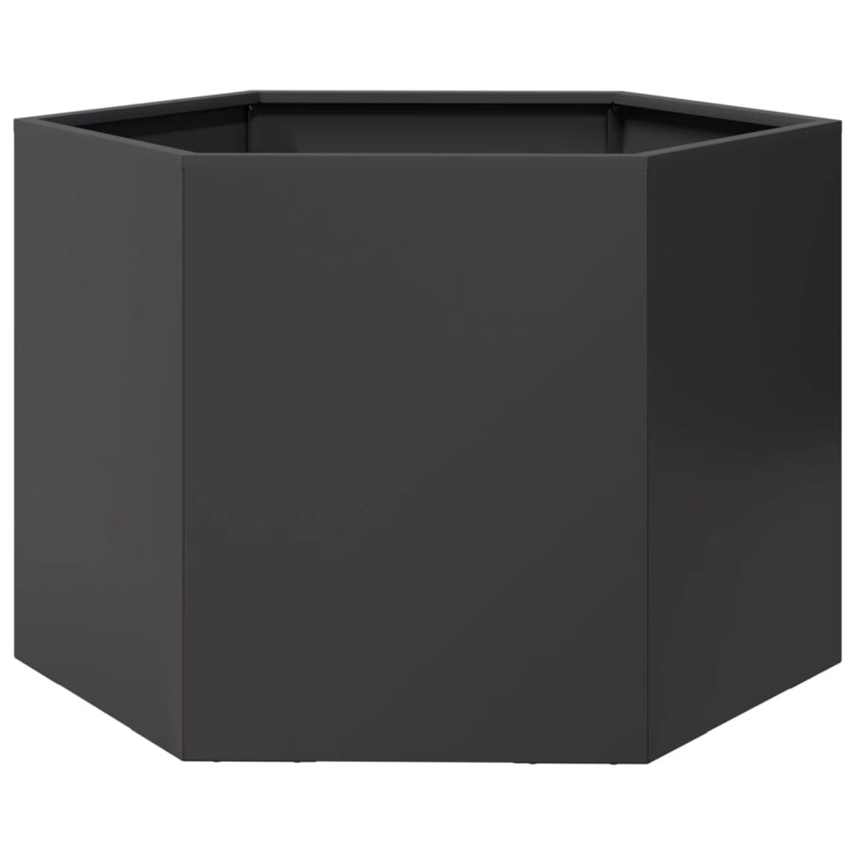 Schwarzer, sechseckiger Pflanzkasten. Glatte Seiten und geometrische Form.