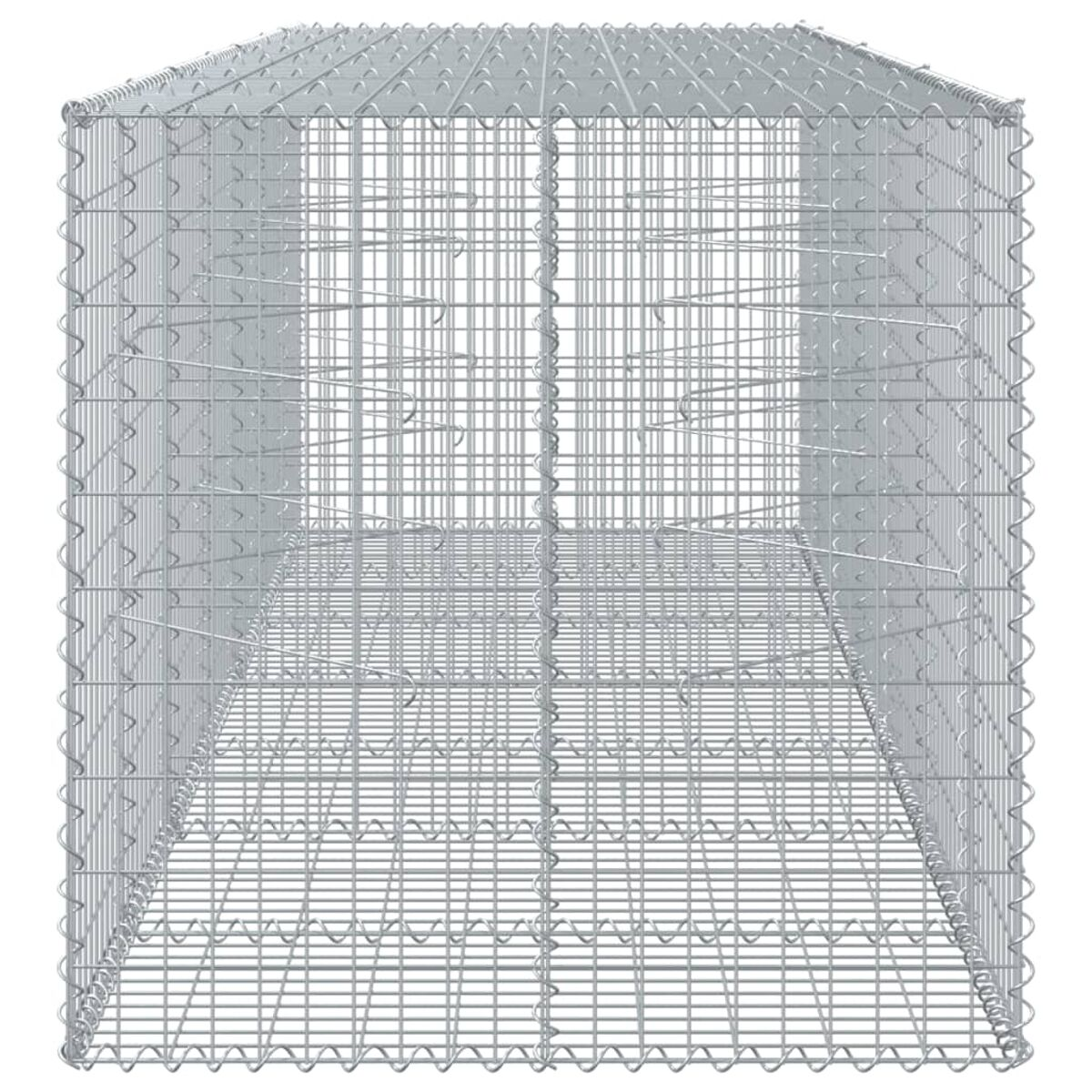 Ein Metall-Gabion, ein Drahtgitterkäfig, rechteckige Form, innen leer, auf weißem Grund.