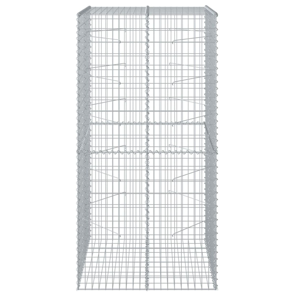 Rechteckiger Metall-Gabion. Der Gabion besteht aus silbernem Draht und ist leer. Es ist ein langes Rechteck.