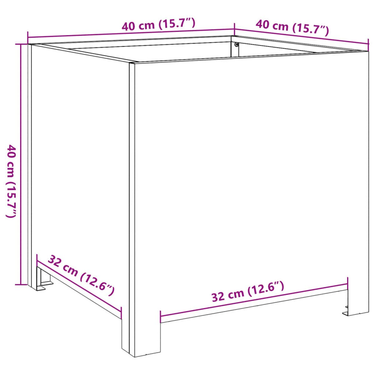 Un mobile contenitore in legno con dimensioni espresse in centimetri e pollici. Sfondo bianco.