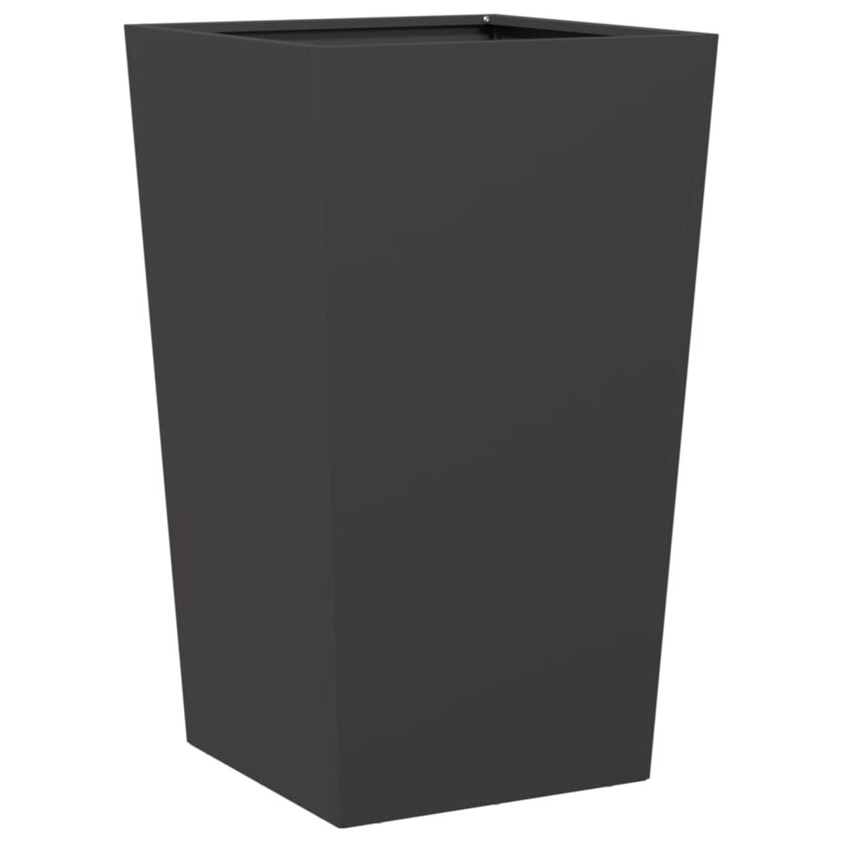 Hoher, schwarzer rechteckiger Pflanzkübel. Konische Seiten. Einfaches Design. Einfarbige Farbe. Leer.