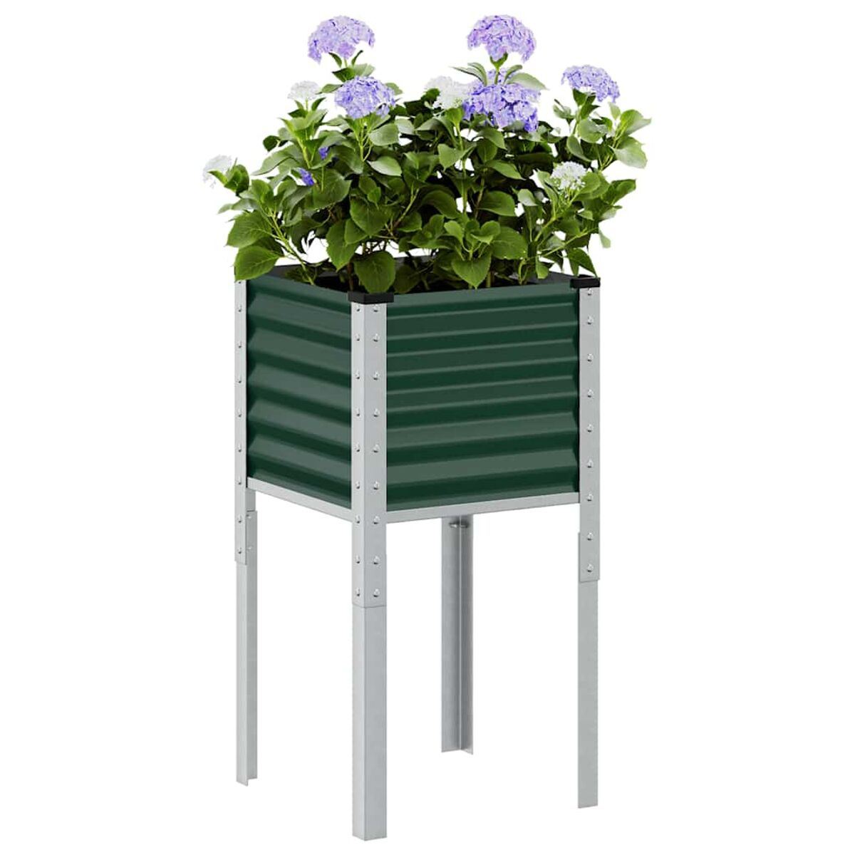 Una fioriera in metallo verde con una composizione floreale viola. Ha una forma quadrata con le gambe.