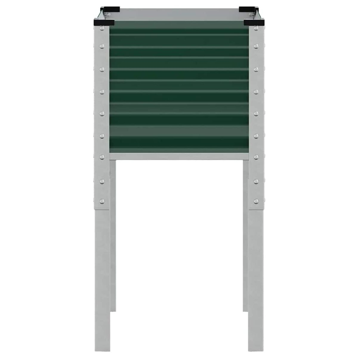 Fioriera in metallo con un pannello verde ondulato. Ha forma rettangolare e su sfondo bianco.