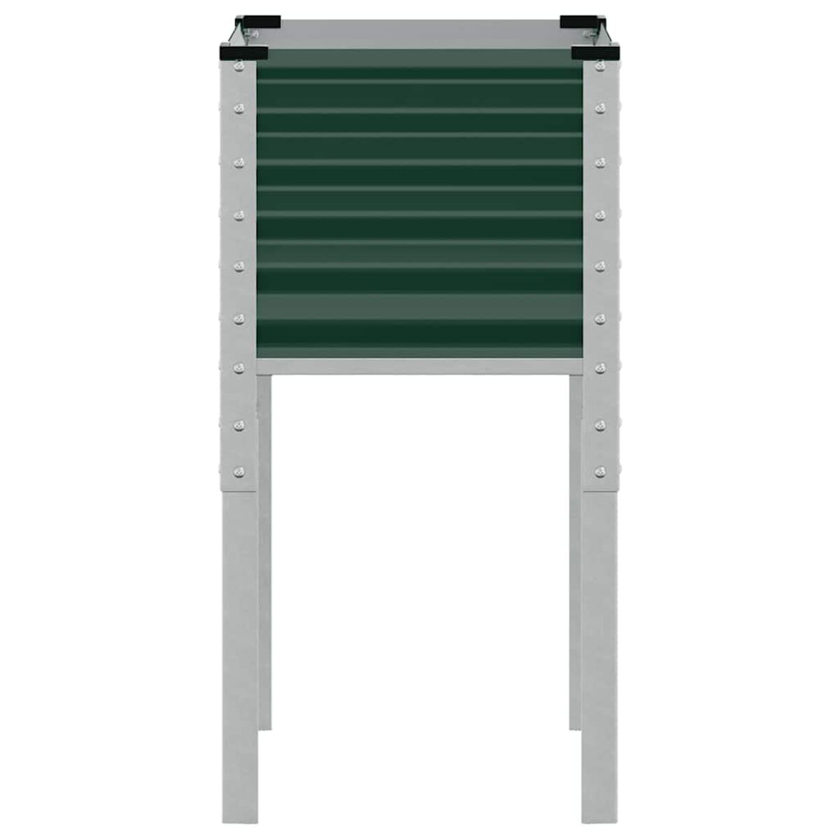Un'aiuola in metallo con fronte verde ondulato. Ha gambe in metallo e dettagli neri.