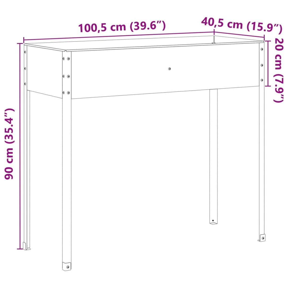 Fioriera in legno con dimensioni espresse in cm e pollici.