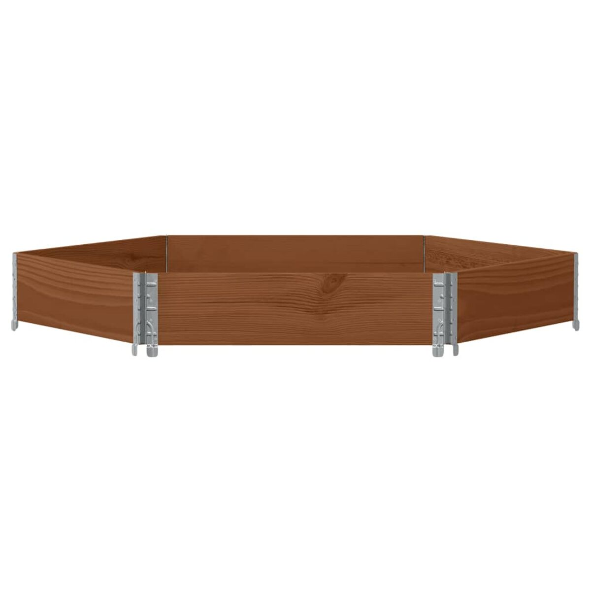 Fioriera esagonale in legno con supporti angolari in metallo. Legno marrone, sfondo bianco.
