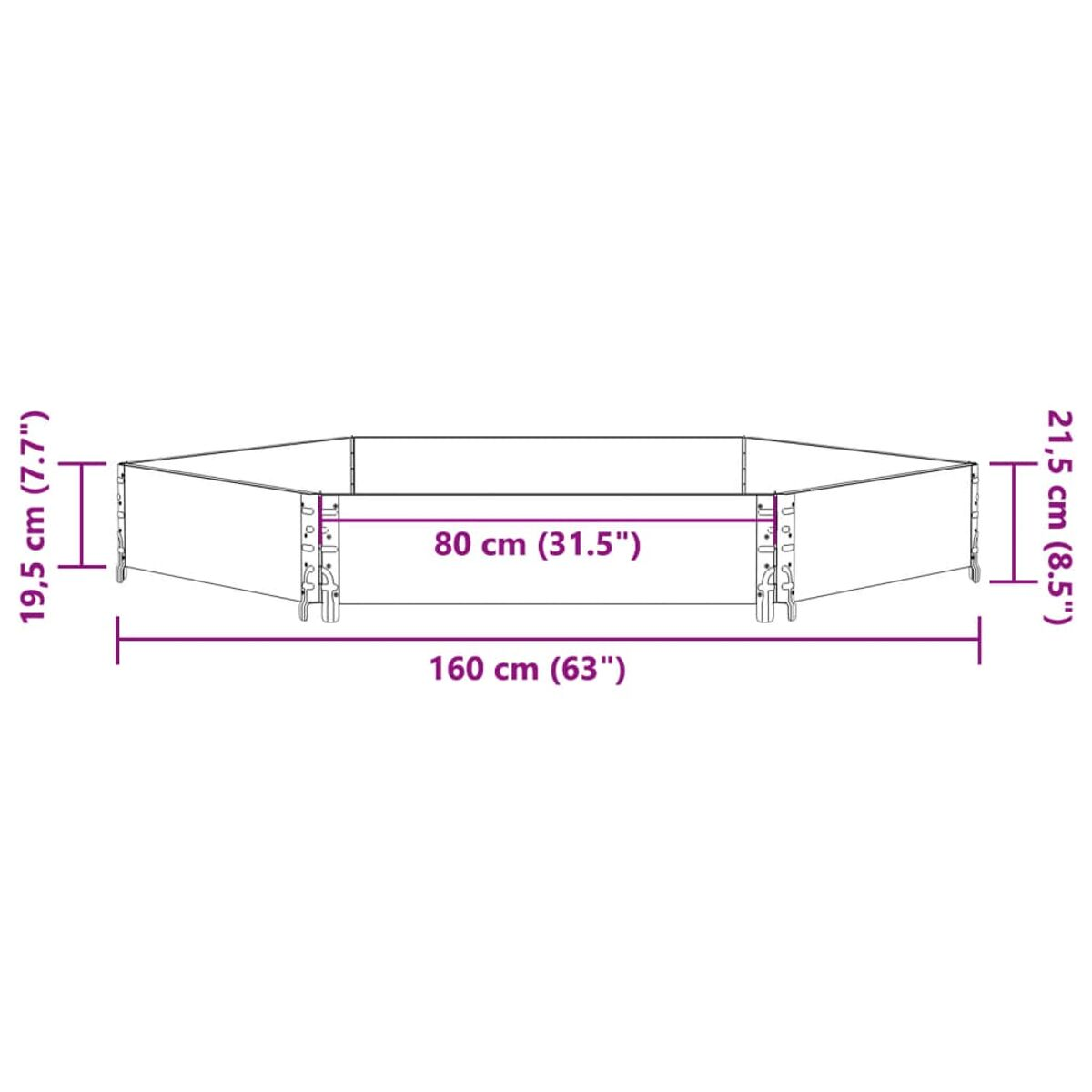 Diagramma della fioriera. Mostra le dimensioni: 160cm di lunghezza, 80cm di larghezza e 19,5cm e 21,5cm di altezza.