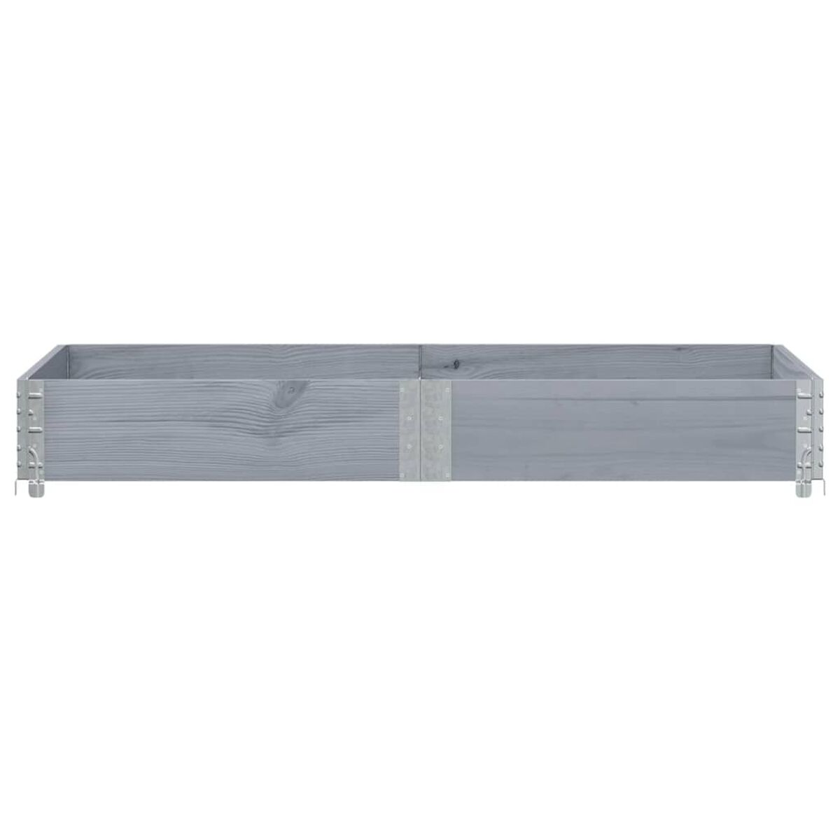 Fioriera in legno grigio. Due sezioni con staffe metalliche. Sfondo bianco.