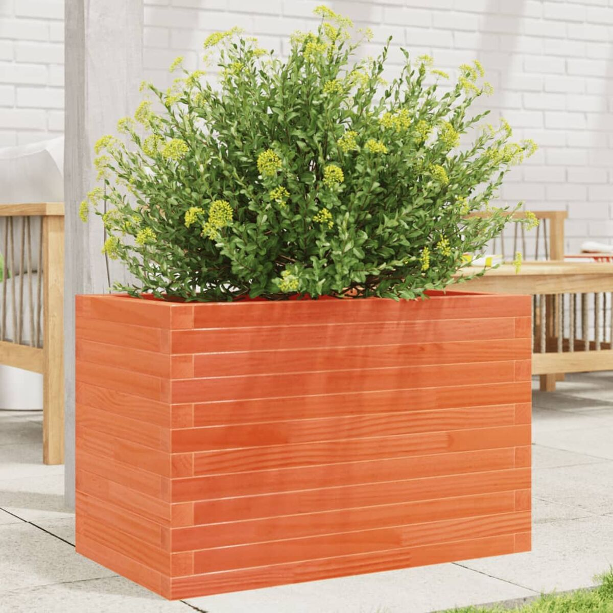Oranger Holzpflanzkübel mit einer grünen Pflanze und gelben Blüten auf einer Terrasse.