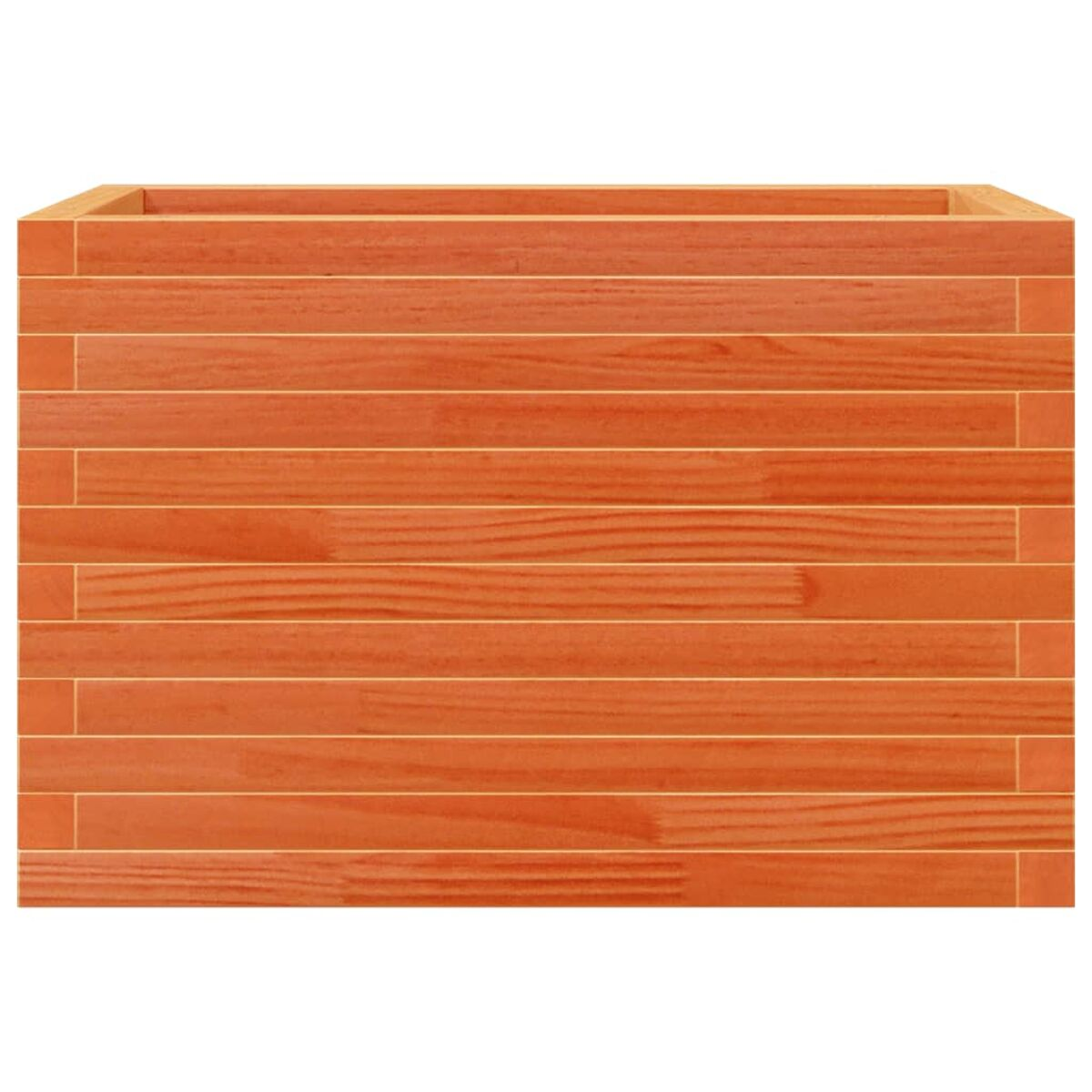 Ein rechteckiger Holzpflanzer mit rot-orangem Holz, aus horizontalen Lamellen gefertigt, innen leer.