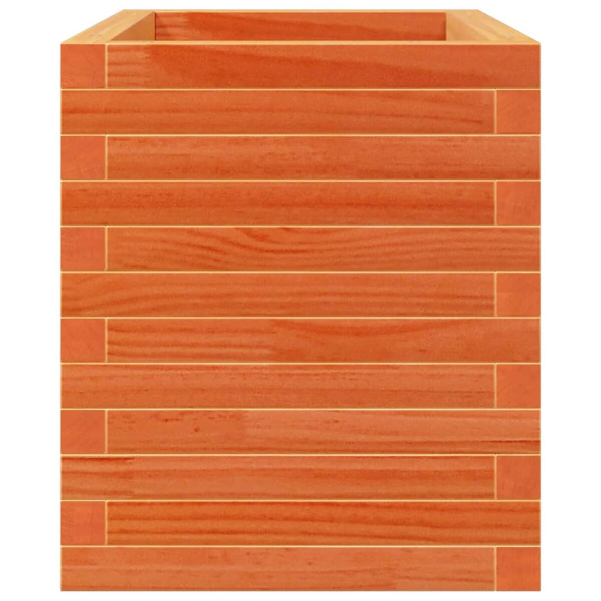 Holzpflanzgefäß, quadratische Form. Oranges Holz, horizontale Bretter. Helle Farbe, sichtbare Holzmaserung.