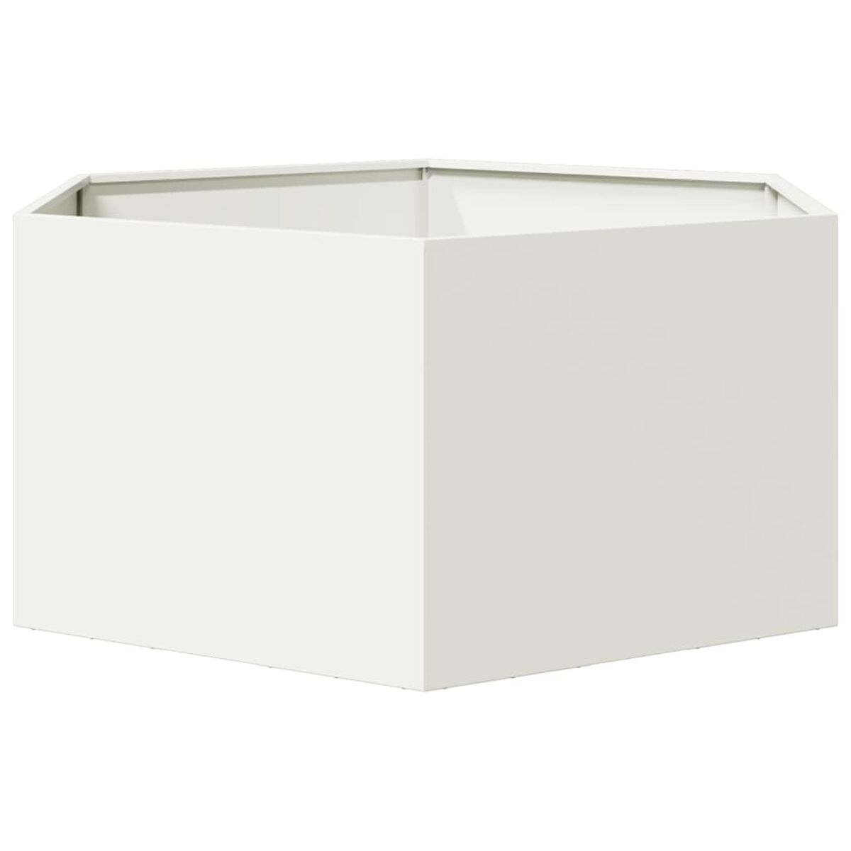 Ein weißer, fünfeckiger Pflanzkübel mit schlichtem Design, vor weißem Hintergrund.