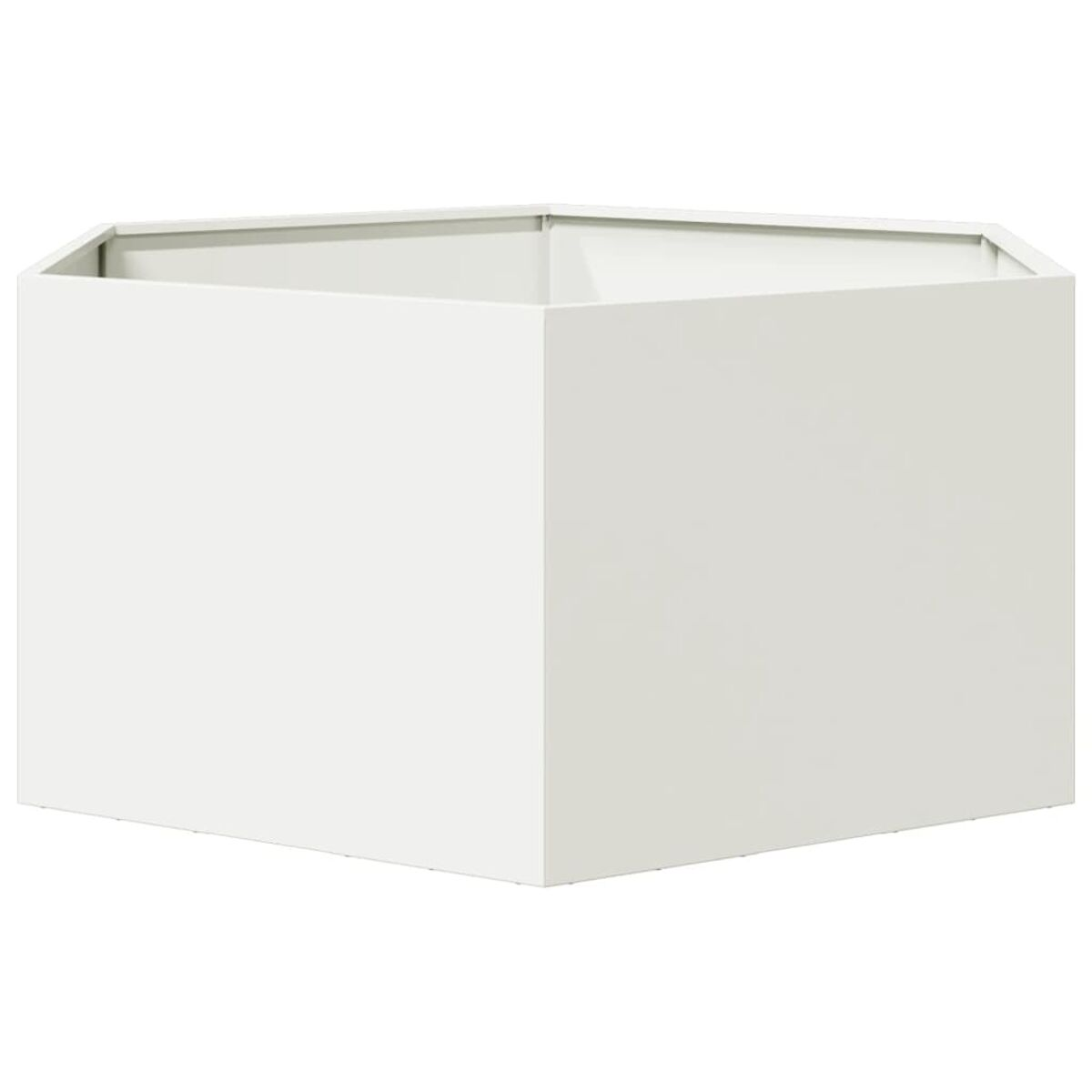 Weißer sechseckiger Pflanzkübel. Abgewinkelte Seiten. Einfaches Design. Leer. Weiße Farbe.