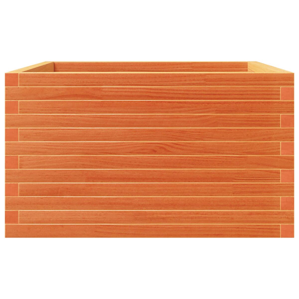 Eine Holzkiste aus horizontalen Brettern. Die Kiste hat keine Pflanze darin, aus Holzbrettern gefertigt.