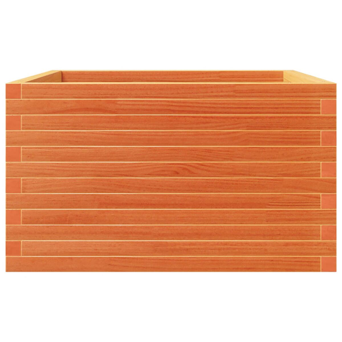 Holzkiste. Horizontale Holzbretter, orange-braune Farbe, weißer Hintergrund, keine Personen.