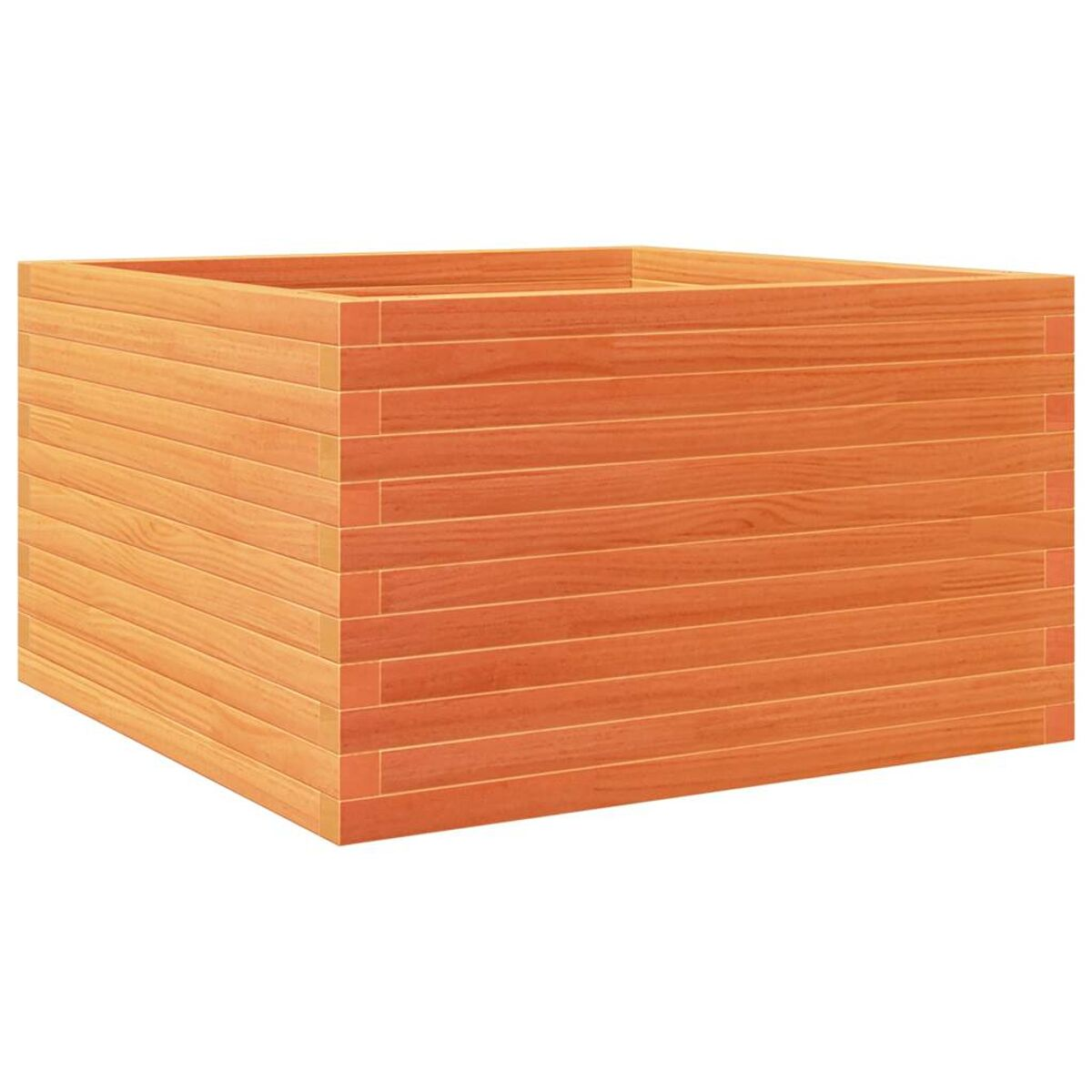 Rechteckiger Pflanzkasten aus Holz, hergestellt aus horizontalen Brettern, auf weißem Hintergrund.