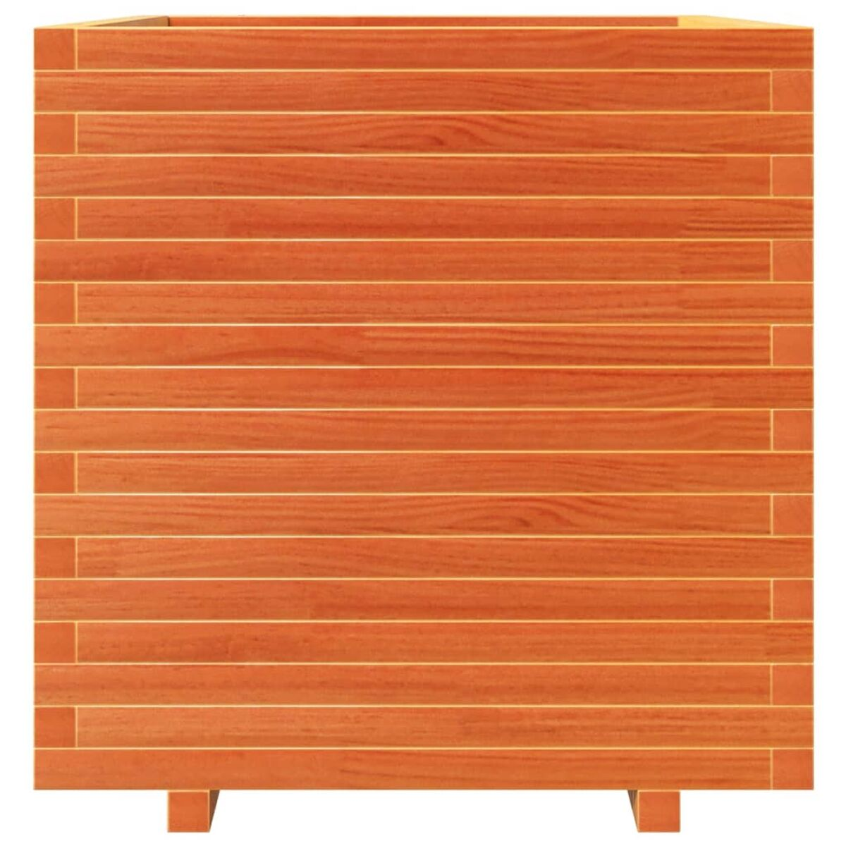 Ein quadratischer Holzpflanzer mit braunem horizontalem Holzmuster.