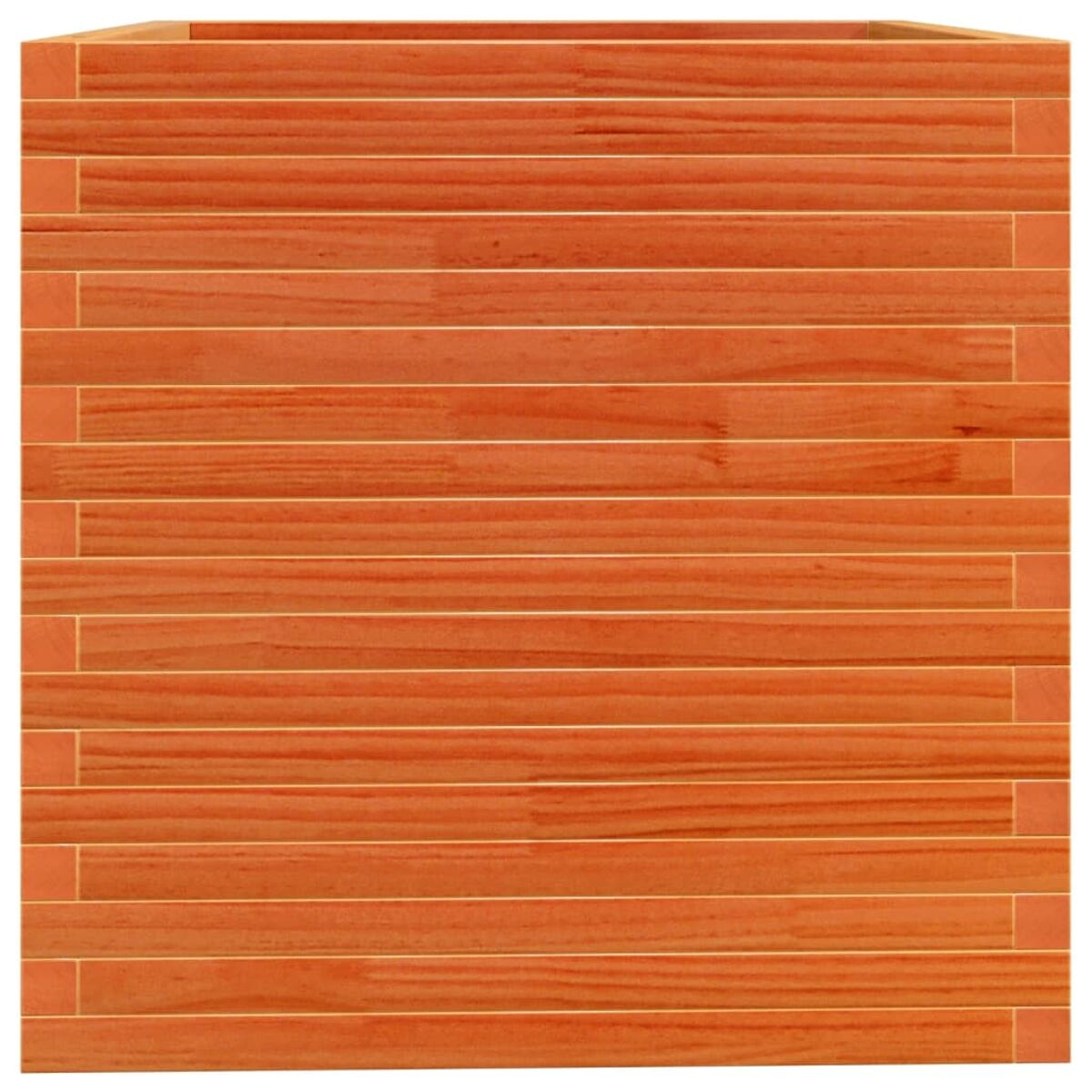 Holzpflanzkasten, orangebraune Bretter, rechteckige Form.
