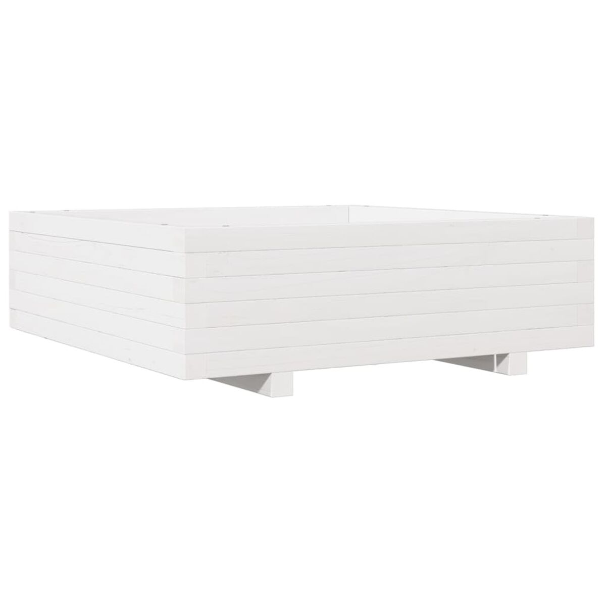 Weißer Holzpflanzer mit schlichtem, modernem Design. Von kleinen Füßen getragen. Weißer Hintergrund.