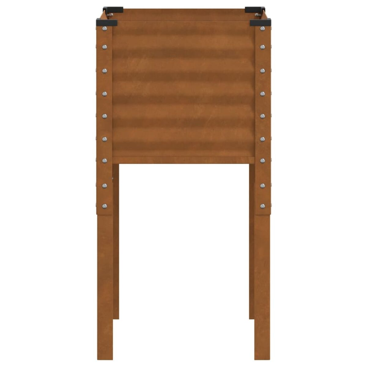 Fioriera in legno marrone con gambe e viti visibili. Di forma rettangolare.