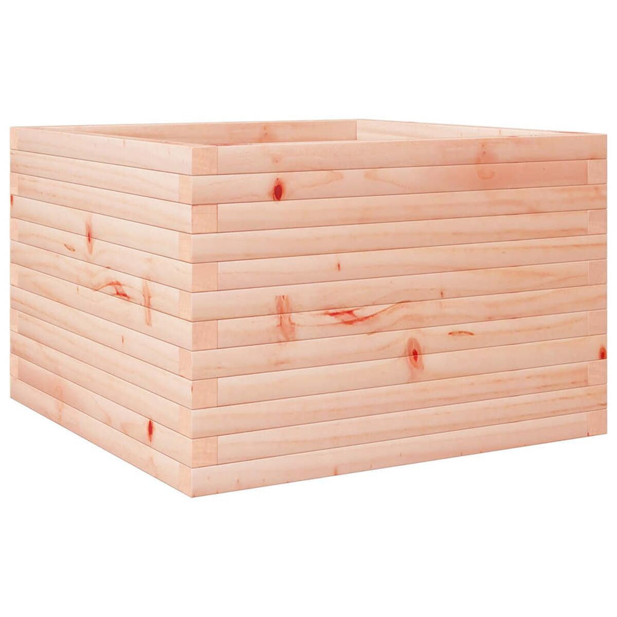 Quadratischer Holzpflanzkasten mit sichtbarer Holzmaserung. Hellbraune Farbe.
