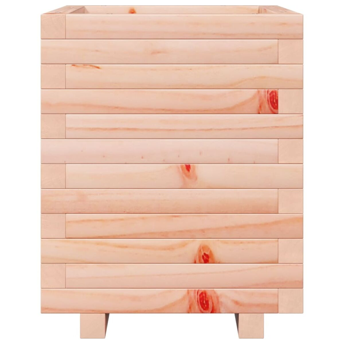 Ein Pflanzkasten aus Holz, hergestellt aus horizontalen Brettern. Das Holz ist hell.