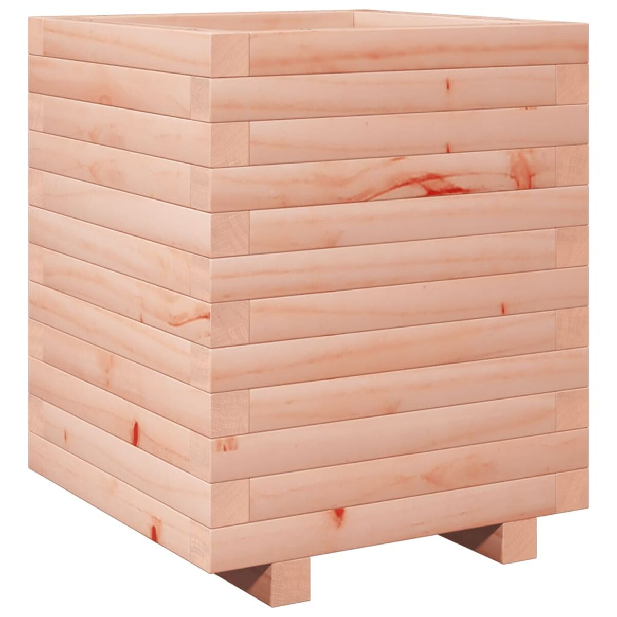 Ein hölzerner Pflanzkasten mit hellfarbigen Brettern. Die Box steht auf kleinen Holzfüßen.