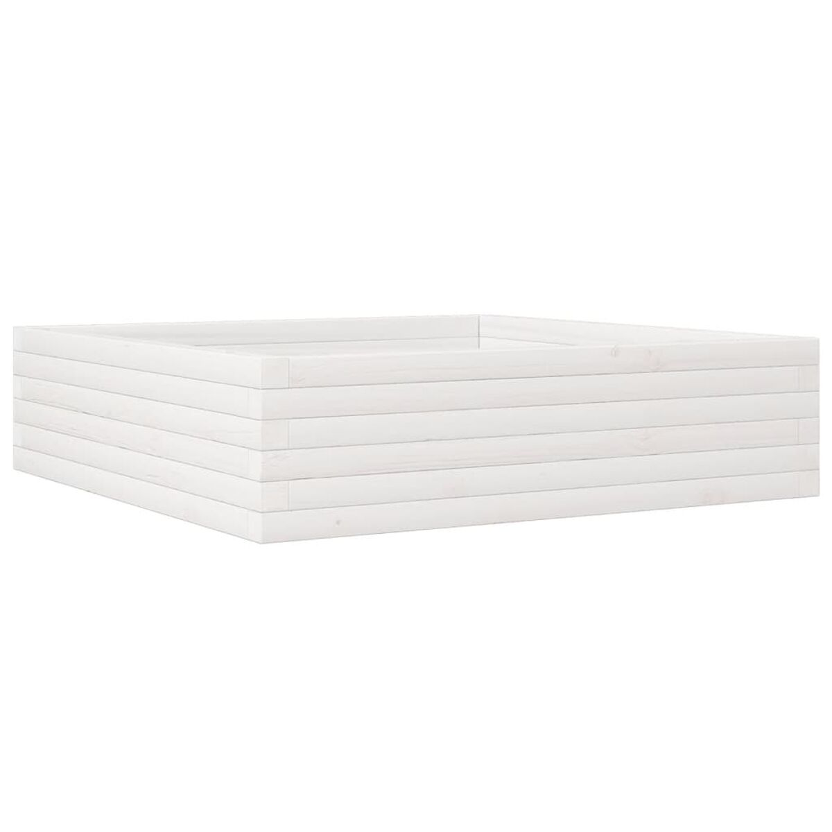 Weißer Pflanzkübel aus Holz. Die Form des Pflanzkübels ist ein einfacher Würfel mit horizontalen Planken.