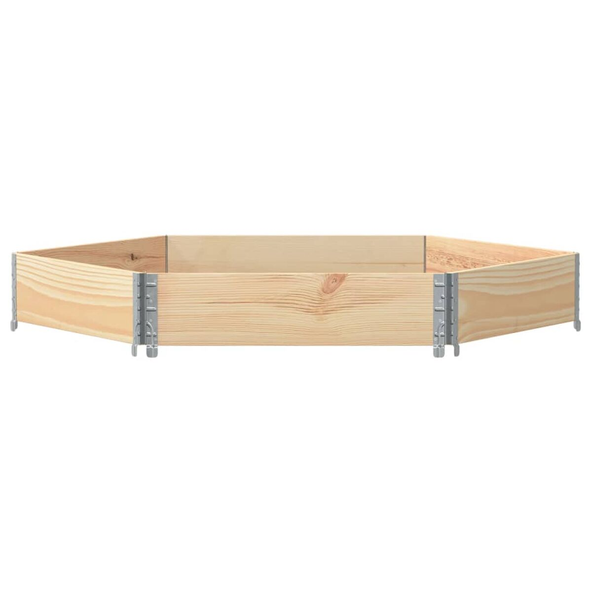Fioriera esagonale in legno con supporti metallici sui lati. La scatola è vuota.