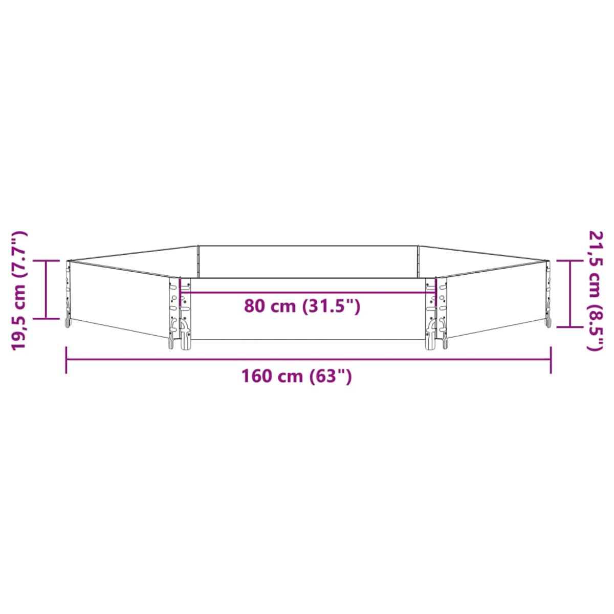 Un lungo letto da giardino rettangolare, aperto e realizzato in legno chiaro, con dimensioni indicate.