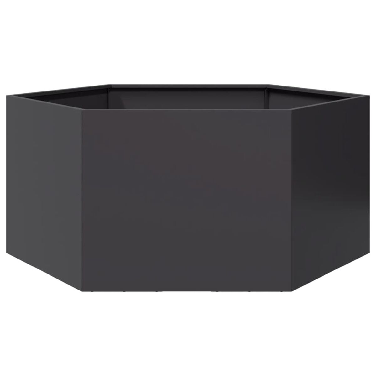 Ein schwarzer, sechseckiger Pflanzkübel. Es hat ein schlichtes, modernes Design.