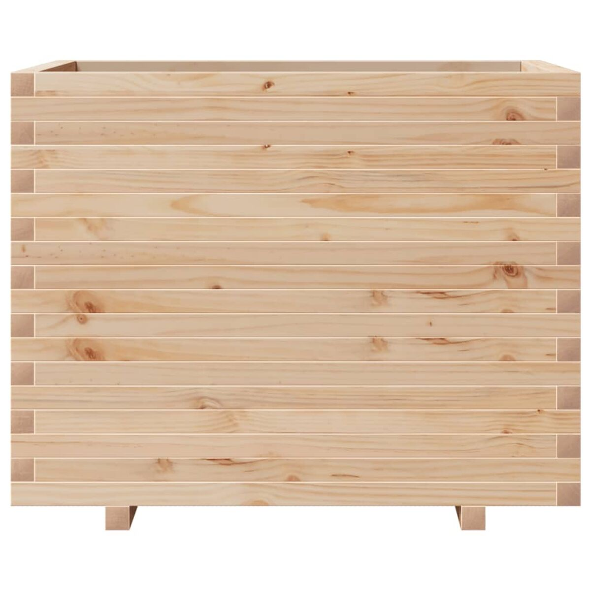 Rechteckiger Pflanzkasten aus Holz. Horizontale Holzbretter bilden die Seiten. Hellbraune Farbe.
