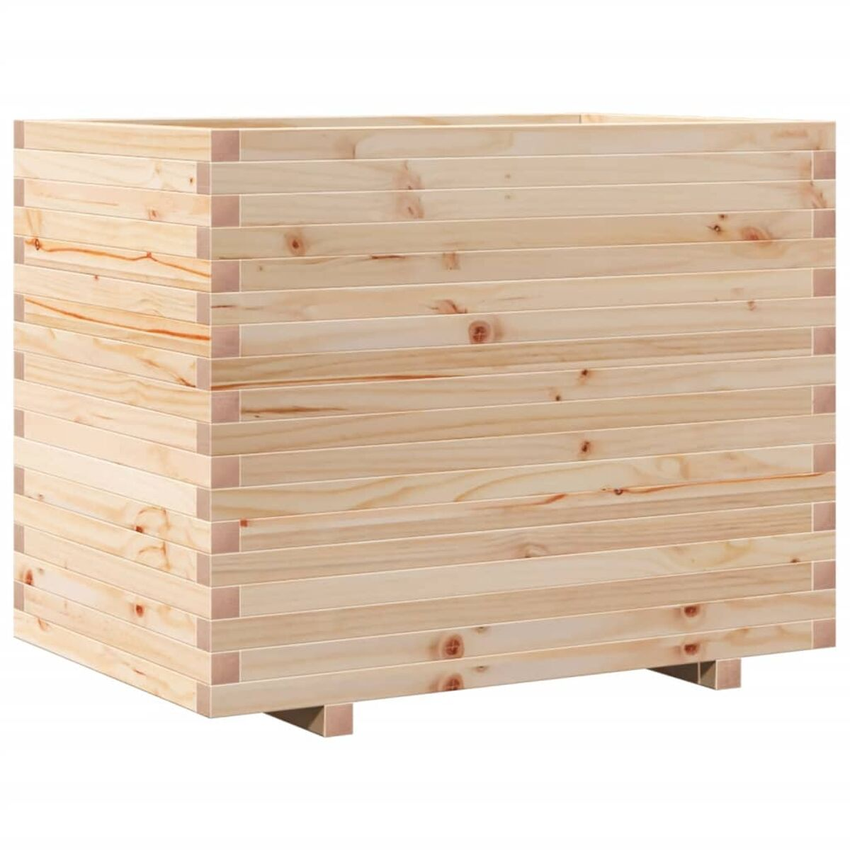Pflanzkasten aus Holz, gestapelte Holzkonstruktion, hellbraune Farbe. Isolierte Ansicht, klare Holzmaserung.