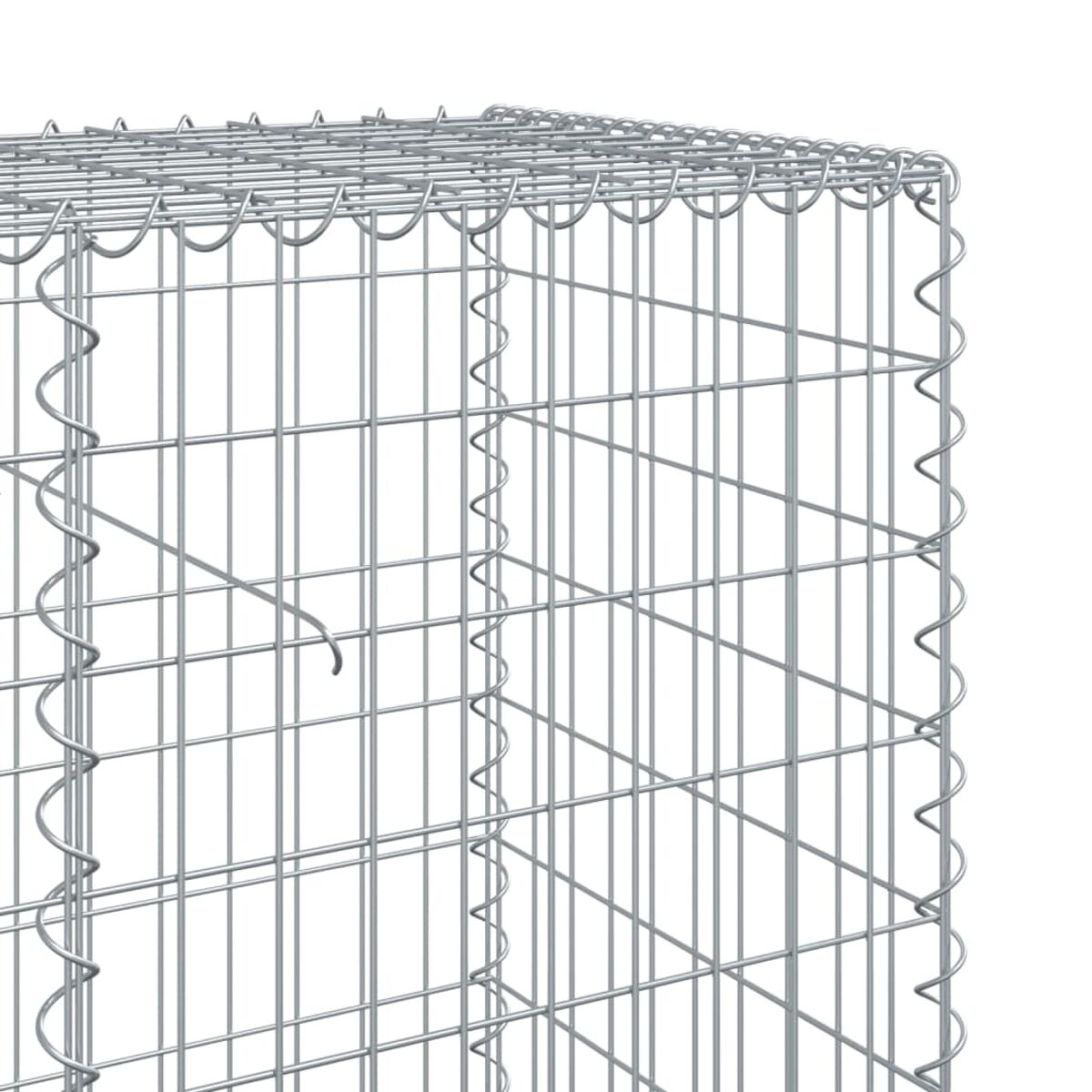 Eine Eckansicht eines Metalldraht-Gabions. Der Draht ist silberfarben und bildet ein Gitter.