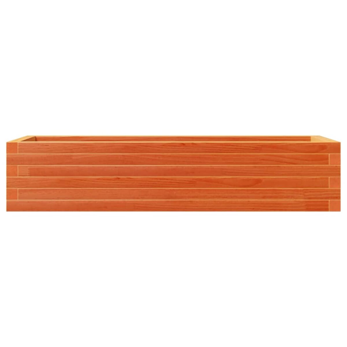 Eine Holzkiste mit horizontalen Holzplanken in orange Farbe. Die Kiste ist leer.