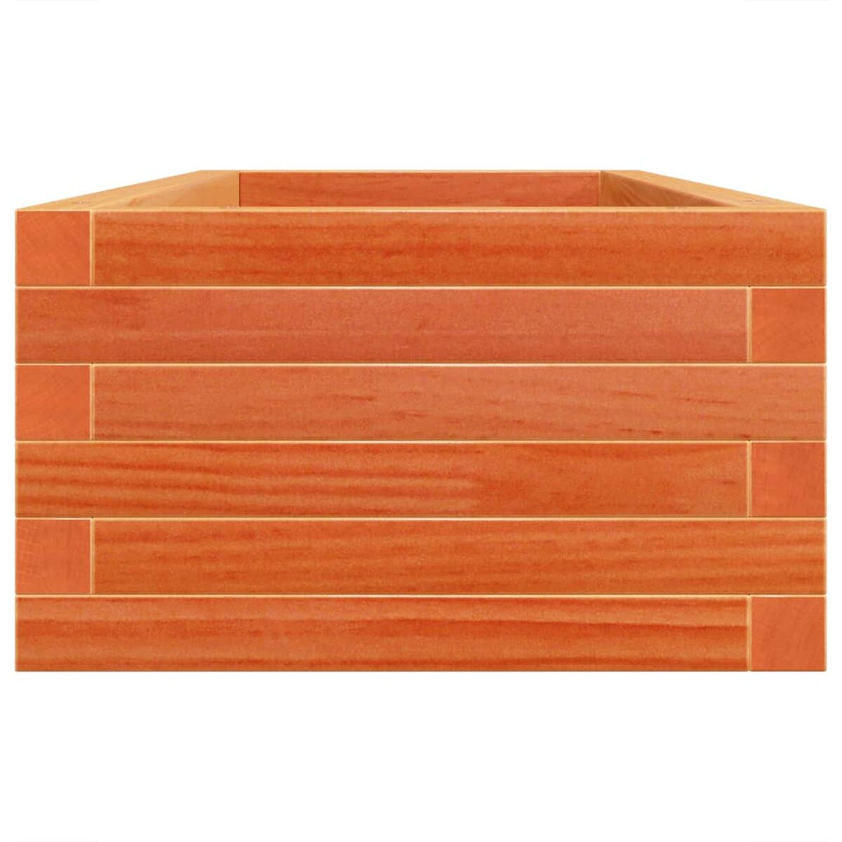 Ein rechteckiger Holzpflanzer, braun, mit horizontalen Brettern. Einfacher weißer Hintergrund.