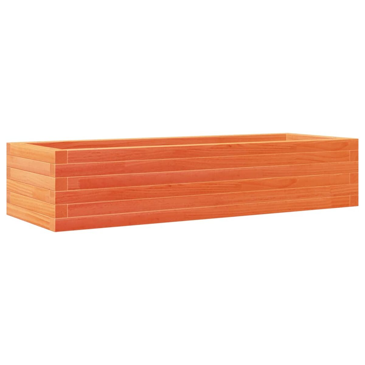 Ein rechteckiger Holzpflanzer mit sichtbaren Brettern. Der Pflanzer ist leer. Das Holz hat einen rötlichen Farbton.